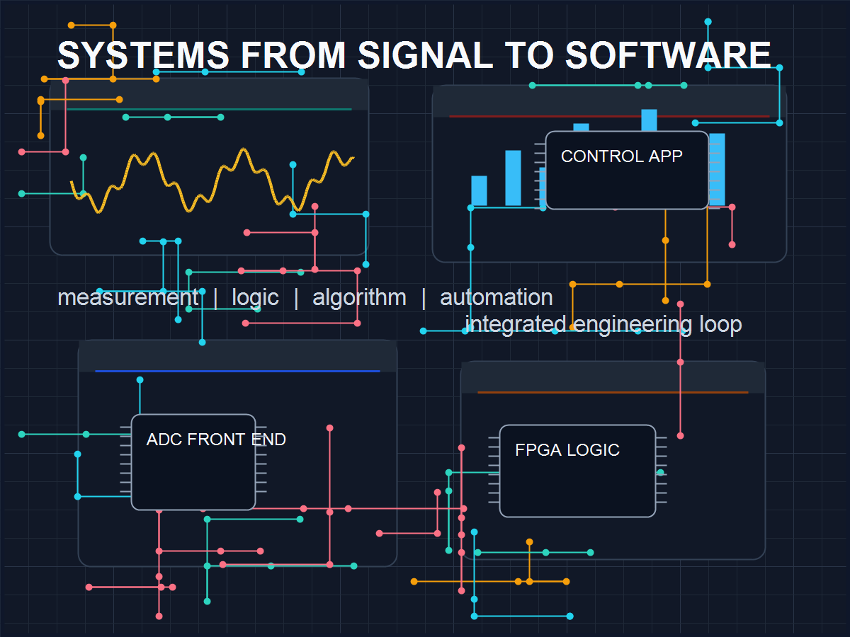 Abstract view of circuit traces, waveform analysis, and embedded software modules